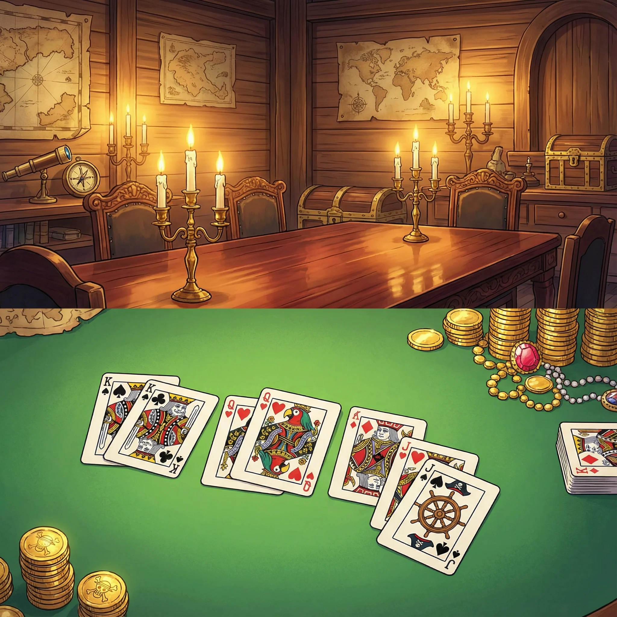 Mesa de bacará elegante en camarote de capitán pirata con cartas y monedas de oro